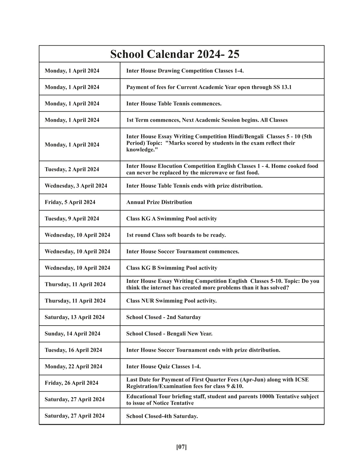 School Calendar The BGES School (ICSE)